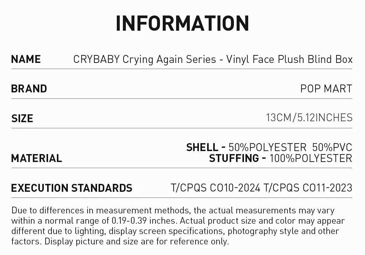 POPMART Vinyl Plush - CRYBABY Crying Again Series
